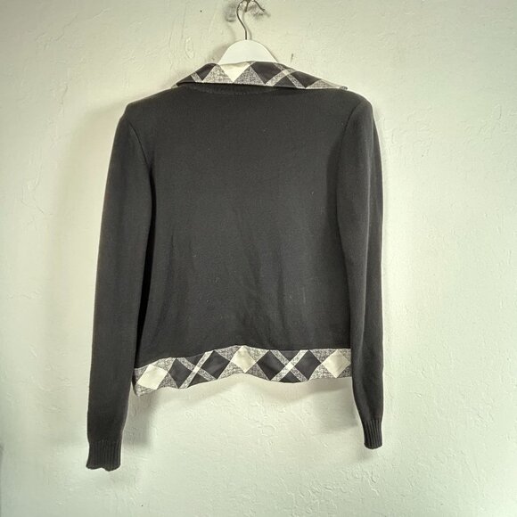 Bill Blass Womens Black White Diamond Check Cropped Knit Cardigan Sweater Small - Picture 2 of 7